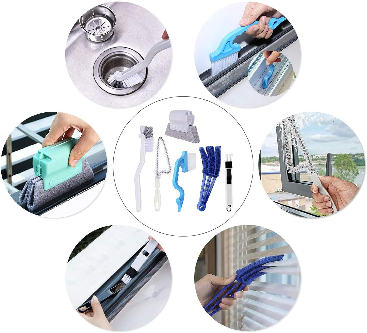 Window Cleaning Brush, 6 Pcs Household Deep Cleaning Tool Kit for Groove, Track, Sill, Gap, Baseboard, Blinds, Kitchen Surface, Bathroom/Shower, Floor, Tub/Bottle Etc (6)