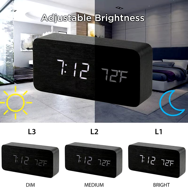 Wooden Digital Alarm Clock, LED Alarm Clock with Temperature Desk Clocks for Office,Bedside Clock